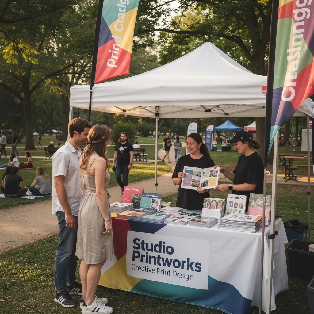 Tým designérů pracuje na kreativním návrhu tiskových materiálů.