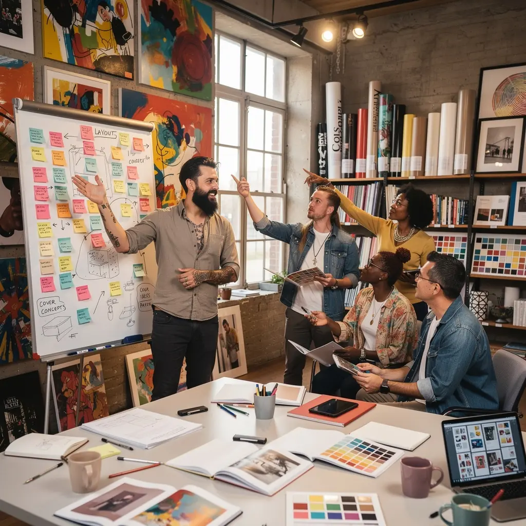 Prezentace různých typů brožur a katalogů na výstavní ploše.